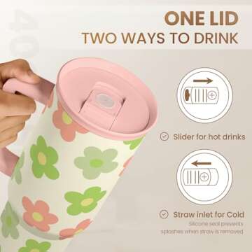 SANDJEST Daisy Tumbler with Handle 40oz, Floral Cup Stainless Steel Insulated Tumblers Coffee Travel Mug with Straw, Flower Cups Gifts for Women Girls Teens Birthday Christmas