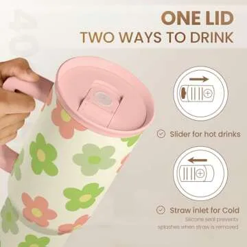 SANDJEST Daisy Tumbler with Handle 40oz, Floral Cup Stainless Steel Insulated Tumblers Coffee Travel Mug with Straw, Flower Cups Gifts for Women Girls Teens Birthday Christmas