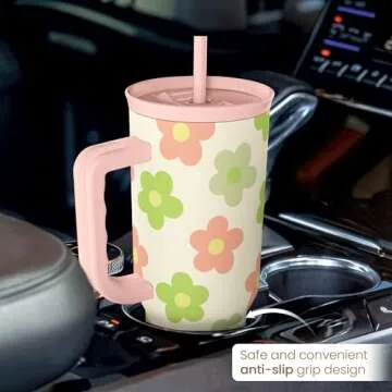 SANDJEST Daisy Tumbler with Handle 40oz, Floral Cup Stainless Steel Insulated Tumblers Coffee Travel Mug with Straw, Flower Cups Gifts for Women Girls Teens Birthday Christmas