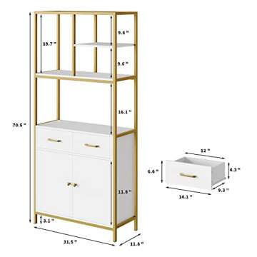 HITHOS 71" Tall Bookshelf, Modern White and Gold Bookcase, Book Shelves with Drawers and Storage Cabinet, Metal Etagere Bookcase Display Shelves for Home Office, Gold/White