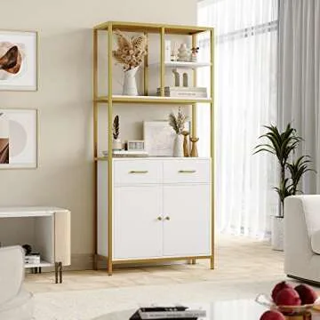 HITHOS 71" Tall Bookshelf, Modern White and Gold Bookcase, Book Shelves with Drawers and Storage Cabinet, Metal Etagere Bookcase Display Shelves for Home Office, Gold/White