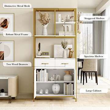 HITHOS 71" Tall Bookshelf, Modern White and Gold Bookcase, Book Shelves with Drawers and Storage Cabinet, Metal Etagere Bookcase Display Shelves for Home Office, Gold/White