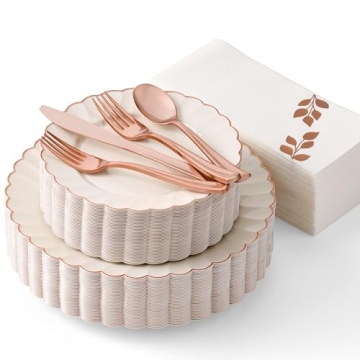By Madee HEAVYWEIGHT 175 Pc Ivory Scalloped Plastic Plates with Rose Gold Trim | High End Disposable...