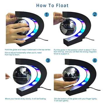 Senders Floating Globe with LED Lights C Shape Magnetic Levitation Floating Globe World Map for Desk Decoration (Black-Silver)