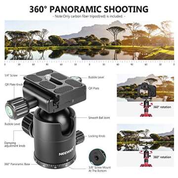 Neewer 66 inches/168 centimeters Carbon Fiber Camera Tripod Monopod with 360 Degree Ball Head, 1/4 inch Quick Shoe Plate and Bag for DSLR Camera Video Camcorder Travel and Work，Load up to 33lbs/15kg
