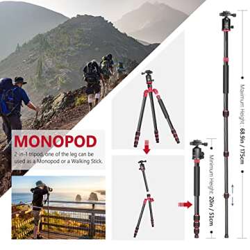 Neewer 66 inches/168 centimeters Carbon Fiber Camera Tripod Monopod with 360 Degree Ball Head, 1/4 inch Quick Shoe Plate and Bag for DSLR Camera Video Camcorder Travel and Work，Load up to 33lbs/15kg