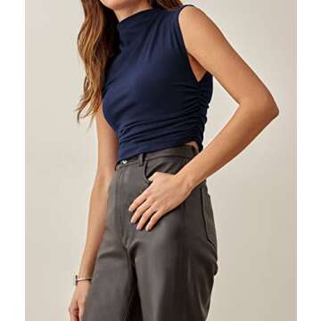 KAMISSY Cotton Sleeveless Mock Neck Crop Tops for Women Causal Ruched Summer Going Out Tank Tops Ele...