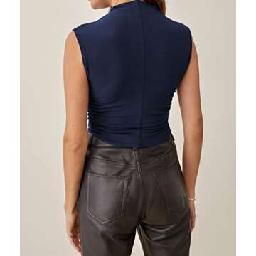 KAMISSY Cotton Sleeveless Mock Neck Crop Tops for Women Causal Ruched Summer Going Out Tank Tops Elegant Crop Vest Blue S