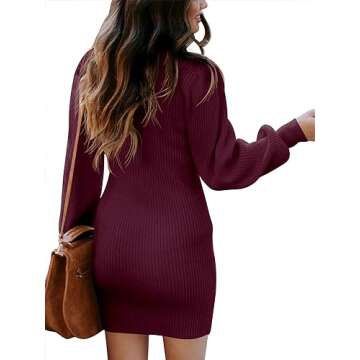 ANRABESS Women Long Sleeve Turtle Mock Neck Rib Knit Stretch Slim Fitted Bodycon Sweater Mini Short Dress 2024 Fall Outfits Wine Red Small