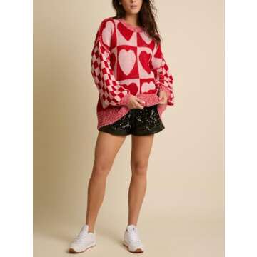 Women Valentines Day Oversized Sweater Pink Heart Bow Chunky Crewneck Sweatshirt Holiday Knit Plaid ...
