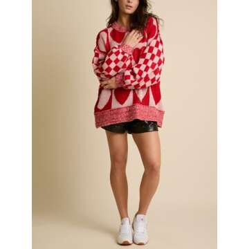Women Valentines Day Oversized Sweater Pink Heart Bow Chunky Crewneck Sweatshirt Holiday Knit Plaid Pullover Jumper