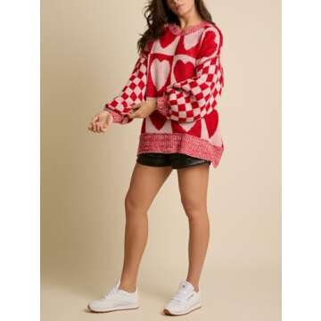Women Valentines Day Oversized Sweater Pink Heart Bow Chunky Crewneck Sweatshirt Holiday Knit Plaid Pullover Jumper