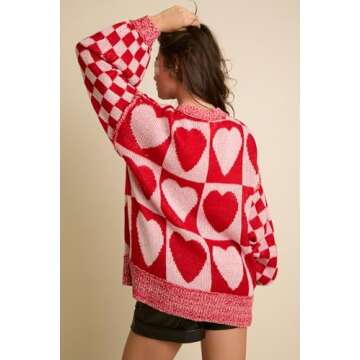 Women Valentines Day Oversized Sweater Pink Heart Bow Chunky Crewneck Sweatshirt Holiday Knit Plaid Pullover Jumper