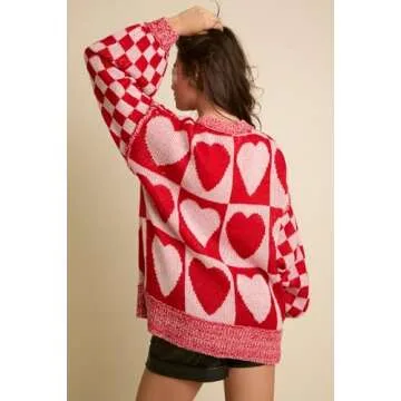 Women Valentines Day Oversized Sweater Pink Heart Bow Chunky Crewneck Sweatshirt Holiday Knit Plaid Pullover Jumper