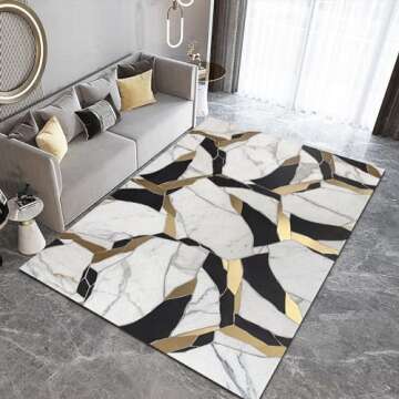 Abstract White Crackled Marble Texture Area Rug, Luxurious Black Gold Irregular Geometric Stripes Living Room Rugs, Large Machine Washable Non Slip Carpet for Bedroom Living Room 6' x 9'