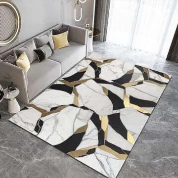 Abstract White Crackled Marble Texture Area Rug, Luxurious Black Gold Irregular Geometric Stripes Living Room Rugs, Large Machine Washable Non Slip Carpet for Bedroom Living Room 6' x 9'