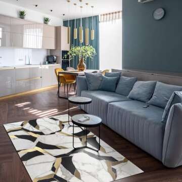 Abstract White Crackled Marble Texture Area Rug, Luxurious Black Gold Irregular Geometric Stripes Living Room Rugs, Large Machine Washable Non Slip Carpet for Bedroom Living Room 6' x 9'