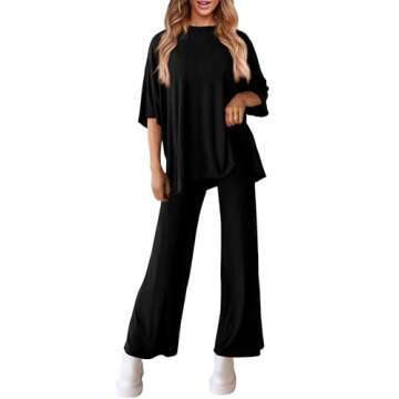 PRETTYGARDEN Women's 2 Piece Outfits Casual Short Sleeve Pullover Tops and Wide Leg Pants Lounge Sets Tracksuits (Black,X-Large)