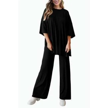 PRETTYGARDEN Women's 2 Piece Outfits Casual Short Sleeve Pullover Tops and Wide Leg Pants Lounge Sets Tracksuits (Black,X-Large)