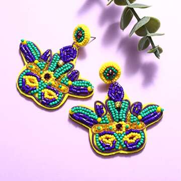 XOCARTIGE Mardi Gras Earrings Beaded Mask Letter MARDI GRAS Dangle Earrings for Women Crown Carnival Drop Earrings Holiday Jewelry Gifts (Style A)