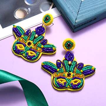 XOCARTIGE Mardi Gras Earrings Beaded Mask Letter MARDI GRAS Dangle Earrings for Women Crown Carnival Drop Earrings Holiday Jewelry Gifts (Style A)