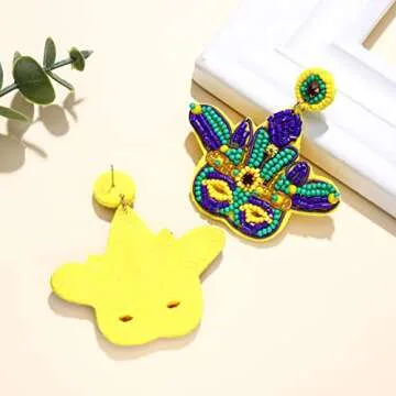 XOCARTIGE Mardi Gras Earrings Beaded Mask Letter MARDI GRAS Dangle Earrings for Women Crown Carnival Drop Earrings Holiday Jewelry Gifts (Style A)