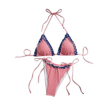 MakeMeChic Women's Striped Halter Frill Trim High Cut String Thong Bikini Set