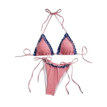 MakeMeChic Women's Striped Halter Frill Trim High Cut String Thong Bikini Set