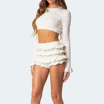 Women Y2k Knit 2 Pieces Outfits Crew Neck Long Sleeve Crop Tops and Ruffles Layered Shorts Going Out Set (Beige, S)