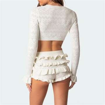 Women Y2k Knit 2 Pieces Outfits Crew Neck Long Sleeve Crop Tops and Ruffles Layered Shorts Going Out Set (Beige, S)