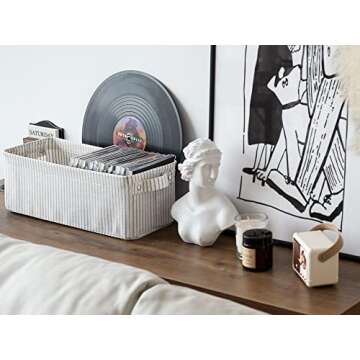 StorageWorks Narrow Storage Bins, Small Baskets for Organizing, Long Storage Basket with Handles, Fabric Storage Bins for Shelf, Gray and White Stripes, 2-Pack