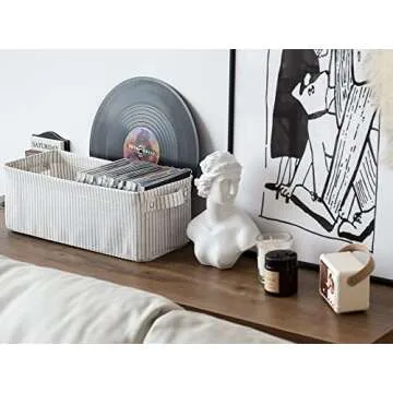 StorageWorks Narrow Storage Bins, Small Baskets for Organizing, Long Storage Basket with Handles, Fabric Storage Bins for Shelf, Gray and White Stripes, 2-Pack