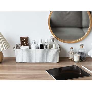 StorageWorks Narrow Storage Bins, Small Baskets for Organizing, Long Storage Basket with Handles, Fabric Storage Bins for Shelf, Gray and White Stripes, 2-Pack