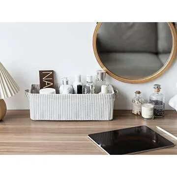 StorageWorks Narrow Storage Bins, Small Baskets for Organizing, Long Storage Basket with Handles, Fabric Storage Bins for Shelf, Gray and White Stripes, 2-Pack