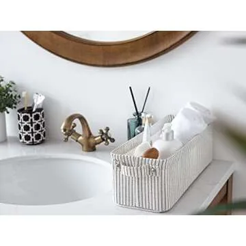 StorageWorks Narrow Storage Bins, Small Baskets for Organizing, Long Storage Basket with Handles, Fabric Storage Bins for Shelf, Gray and White Stripes, 2-Pack