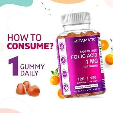 Vitamatic Folic Acid Gummies 1000 mcg (1 mg) - an Essential Prenatal Vitamins for Mom & Baby - Vitamin B9-120 Vegan Gummies (1)