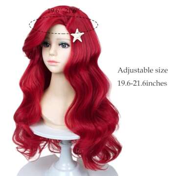 Probeauty Girls Red Mermaid Wig with Starfish Hair Clips, 21inch Kids Dark Red Mermaid Wig Body Wave Wig for Halloween Costume