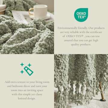 Amélie Home Chunky Fluffy Knit Throw Blanket, Mulberry Textured Woven Throw Blanket with Handmade Tassels Luxury Home Decor for Couch Sofa Bed, Sage Green, 50x60