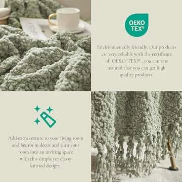 Amélie Home Chunky Fluffy Knit Throw Blanket, Mulberry Textured Woven Throw Blanket with Handmade Tassels Luxury Home Decor for Couch Sofa Bed, Sage Green, 50x60