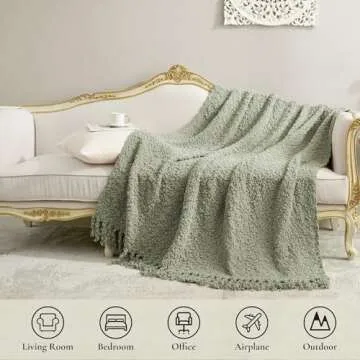 Amélie Home Chunky Fluffy Knit Throw Blanket, Mulberry Textured Woven Throw Blanket with Handmade Tassels Luxury Home Decor for Couch Sofa Bed, Sage Green, 50x60
