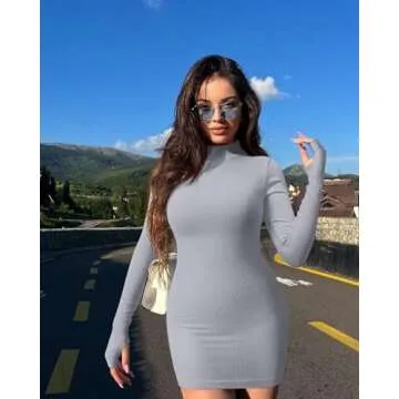 OQQ Women 2 Piece Dress Sexy Ribbed Mock Neck Long Sleeve Tummy Control Mini Dresses Black Grey