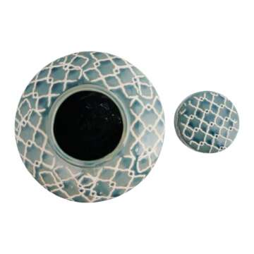 Creative Co-Op Blue & White Hand Painted Stoneware Ginger Jar with Lid