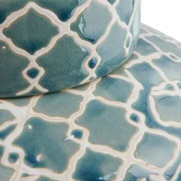 Creative Co-Op Blue & White Hand Painted Stoneware Ginger Jar with Lid