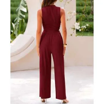 BTFBM Women Summer 2 Piece Outfits Ribbed Knit Crew Neck Sleeveless Cropped Top Elastic Waist Wide Leg Pants Lounge Set(Solid Wine Red, Small)