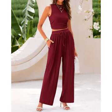 BTFBM Women Summer 2 Piece Outfits Ribbed Knit Crew Neck Sleeveless Cropped Top Elastic Waist Wide Leg Pants Lounge Set(Solid Wine Red, Small)