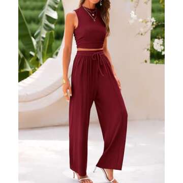 BTFBM Women Summer 2 Piece Outfits Ribbed Knit Crew Neck Sleeveless Cropped Top Elastic Waist Wide Leg Pants Lounge Set(Solid Wine Red, Small)