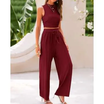 BTFBM Women Summer 2 Piece Outfits Ribbed Knit Crew Neck Sleeveless Cropped Top Elastic Waist Wide Leg Pants Lounge Set(Solid Wine Red, Small)