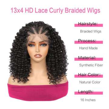 Geogroket Curly Braided Wigs 13x4 HD Lace Front Box Braids Wigs with Baby Hair Lightweight Synthetic...