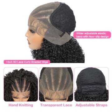 Geogroket Curly Braided Wigs 13x4 HD Lace Front Box Braids Wigs with Baby Hair Lightweight Synthetic Fully Handmade Braided Wig 2# Natural Color 16 Inch