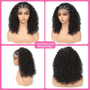 Geogroket Curly Braided Wigs 13x4 HD Lace Front Box Braids Wigs with Baby Hair Lightweight Synthetic Fully Handmade Braided Wig 2# Natural Color 16 Inch